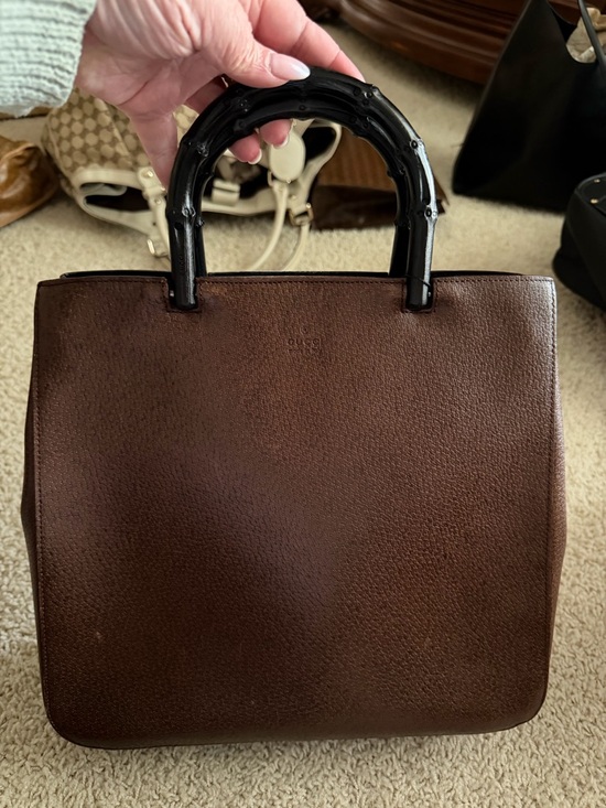 Gucci Handbags - Gucci Brown Leather Tote with Black Bamboo-Style Handles